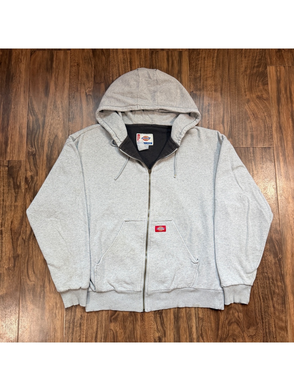 Vintage 90s Dickies Waffle Thermal Lined Full Zip Hoodie Gray Large Workwear
